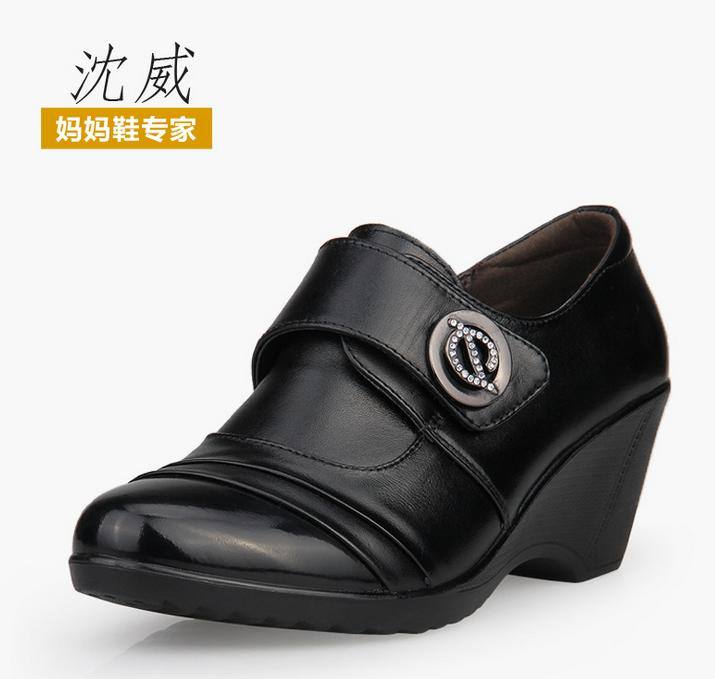 沈威新品春季中年女鞋媽媽鞋真皮單鞋 坡跟水鉆老年人
