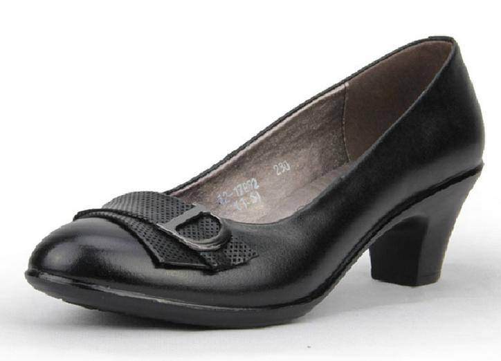 歐美春中跟商務(wù)女鞋淺口真皮休閑媽媽鞋舒適工作鞋