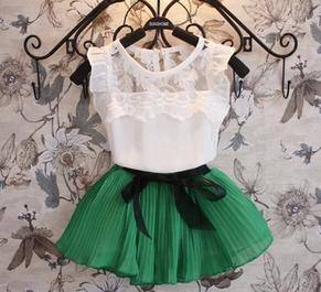 多可愛2014夏款童裝鏤空雪紡T恤+雪紡短裙套裝中大童韓版兩件套