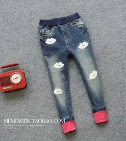 女童秋款新款韓版嘴唇繡線時(shí)尚玫紅卷邊牛仔褲鉛筆褲潮褲童裝湖州