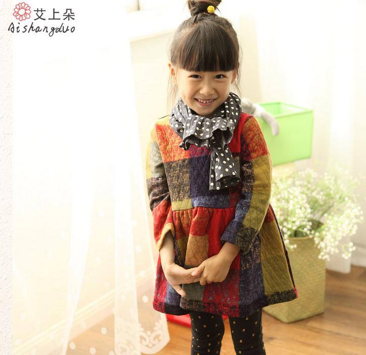 2014秋裝新款韓版女童連衣裙 兒童圓領長袖裙子夾棉公主裙 批發