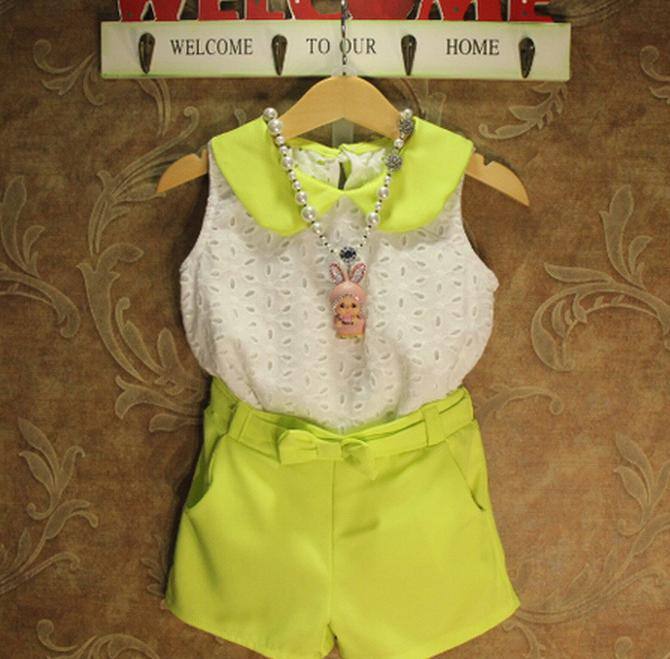 多可愛2014夏新款女童超洋氣娃娃領無袖背心T恤+雪紡短褲套裝代理