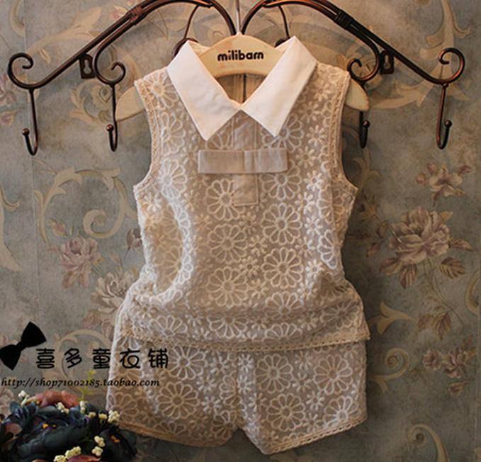 2014夏季新款韓國童裝女童小香風立體刺繡蕾絲背心+短褲套裝代理
