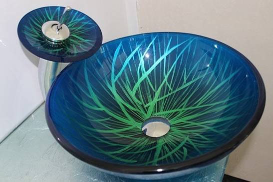 玻璃洗手盆、玻璃手繪盆、洗面盆、鋼化玻璃臺上盆，藝術盆含龍頭