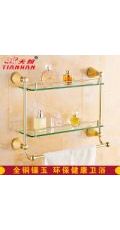 歐式鍍金色鑲玉雙層置物架 全銅玻璃化妝品架 帶桿化妝臺