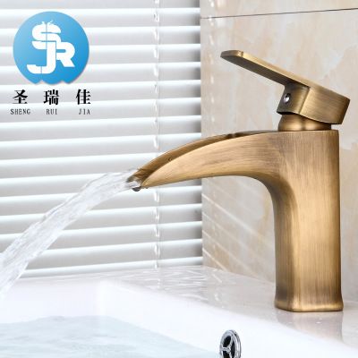創(chuàng)意歐式全銅水龍頭仿古 衛(wèi)浴面盆復古冷熱瀑布龍頭臺盆