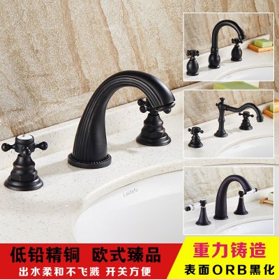 歐式黑古銅色浴室面盆水龍頭 雙把三孔冷熱仿古全銅水龍頭三件套